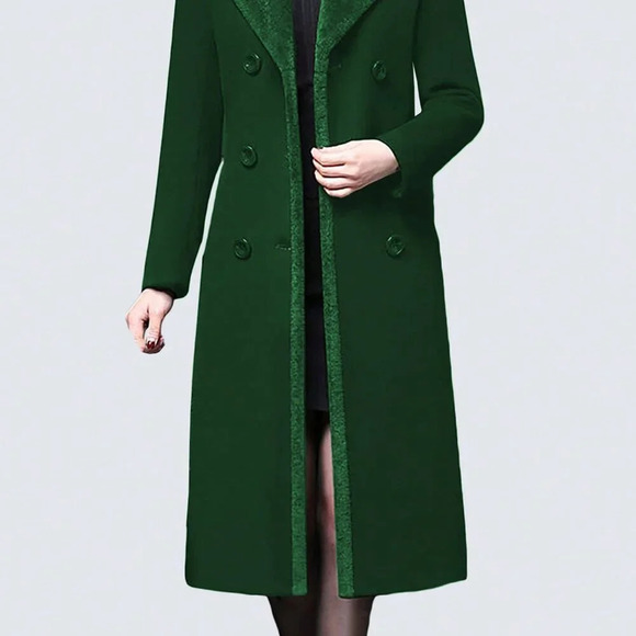 Green Casual Women's Stylish Double-Breasted Notched Lapel Midi Pea Coat - Picture 5 of 5